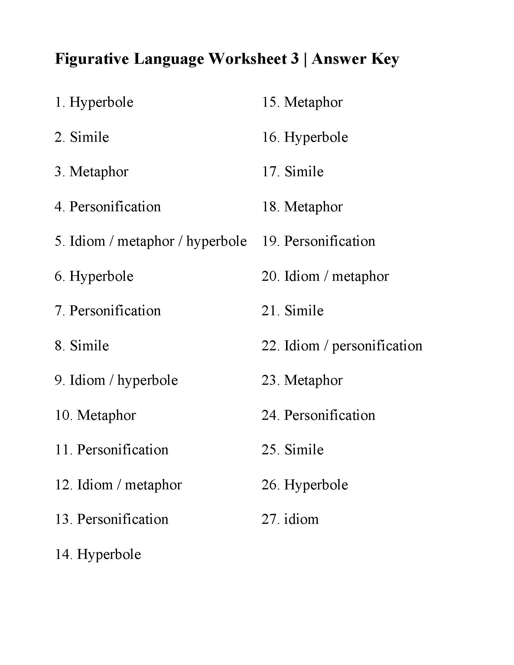 Figurative Language Worksheet 3 Answer Language Worksheets Figurative Language Worksheet 3 Answer Language Worksheets