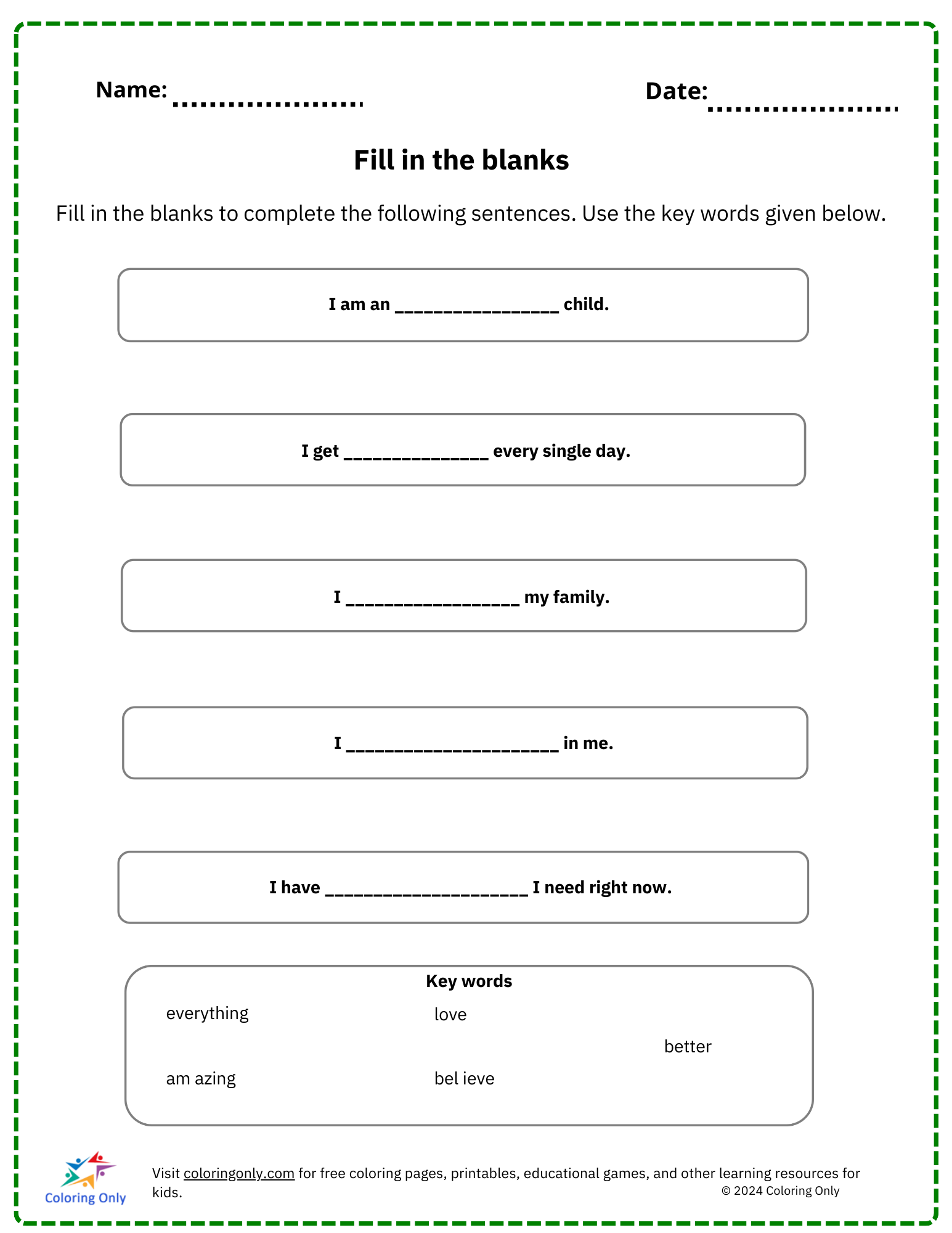 Fill In The Blanks Free Printable Worksheet