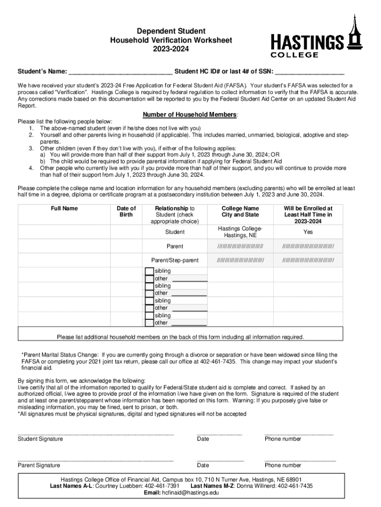 Fillable Online Dependent Student Household Verification Worksheet 2023 