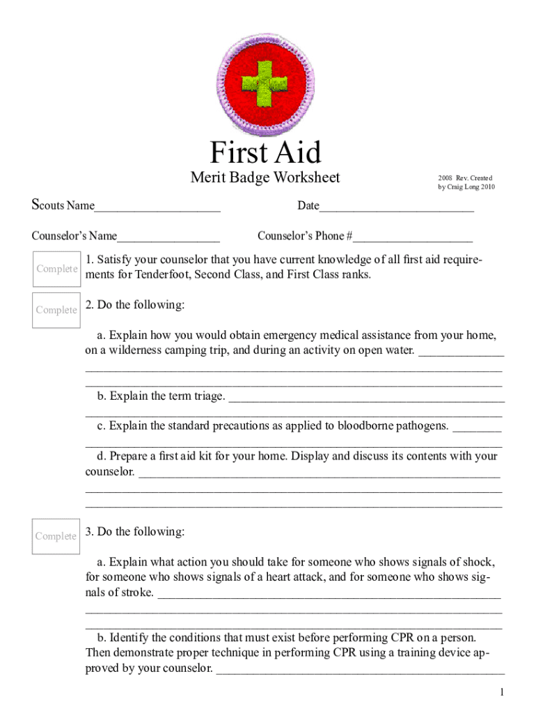 Fillable Online First Aid Merit Badge Worksheet 2008 Skills Fillable Online First Aid Merit Badge Worksheet 2008 Skills