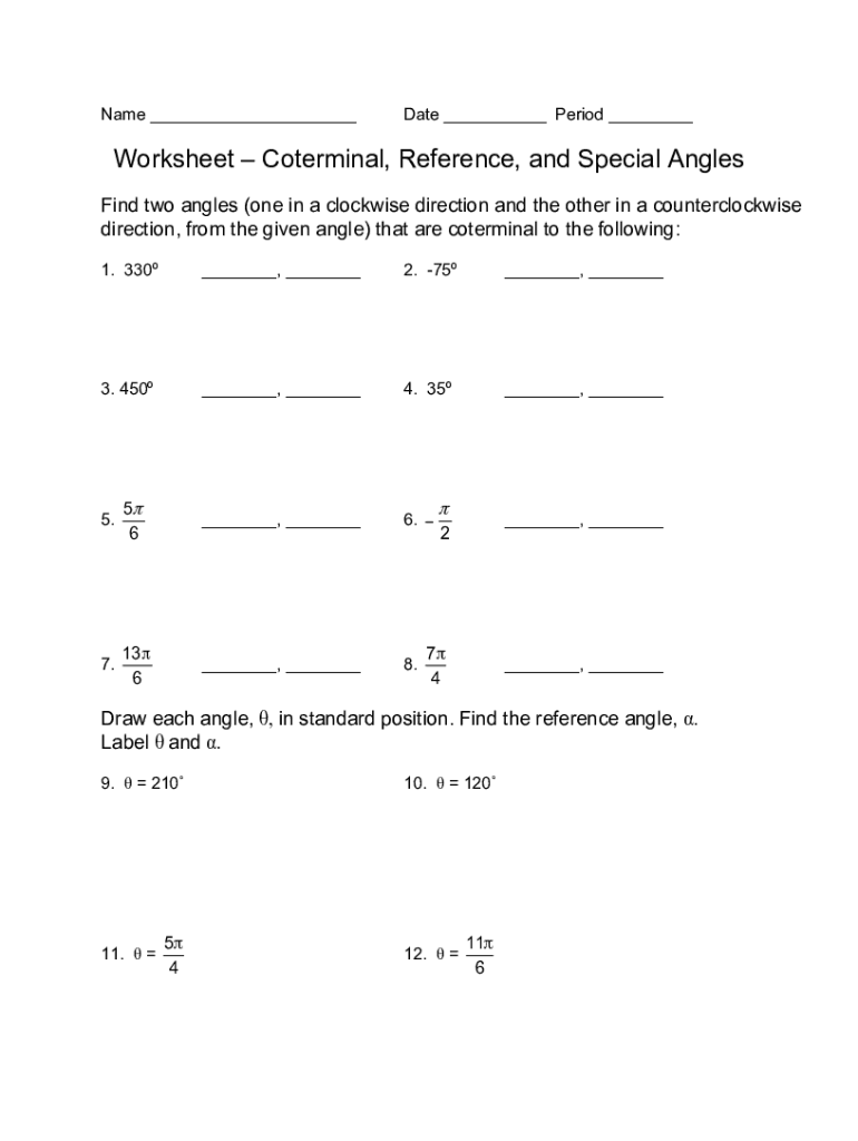 Fillable Online Worksheet Coterminal Reference And Special Angles Fax 