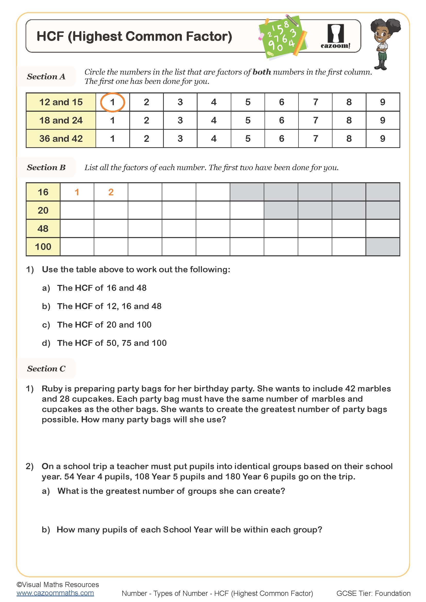 Finding Highest Common Factor Worksheets Math Worksheets
