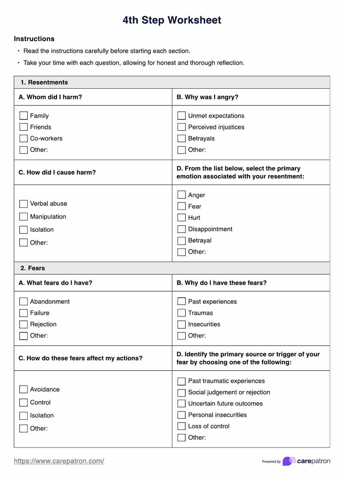 aa fourth step worksheet