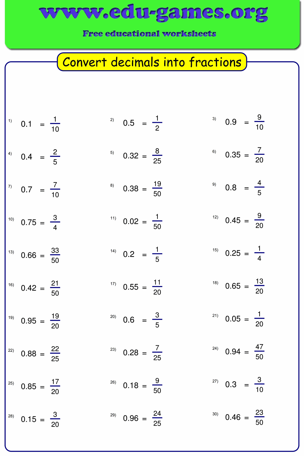 Fraction And Decimal Worksheets
