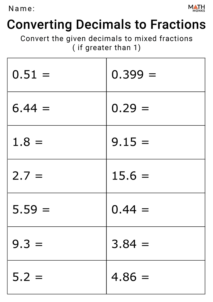 converting from fractions to decimals worksheet