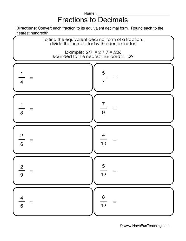 fractions and decimals worksheets