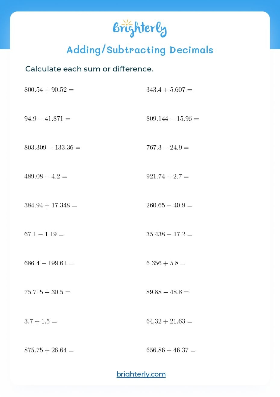 Free Adding And Subtracting Decimals Worksheets PDFs Brighterly Free Adding And Subtracting Decimals Worksheets PDFs Brighterly