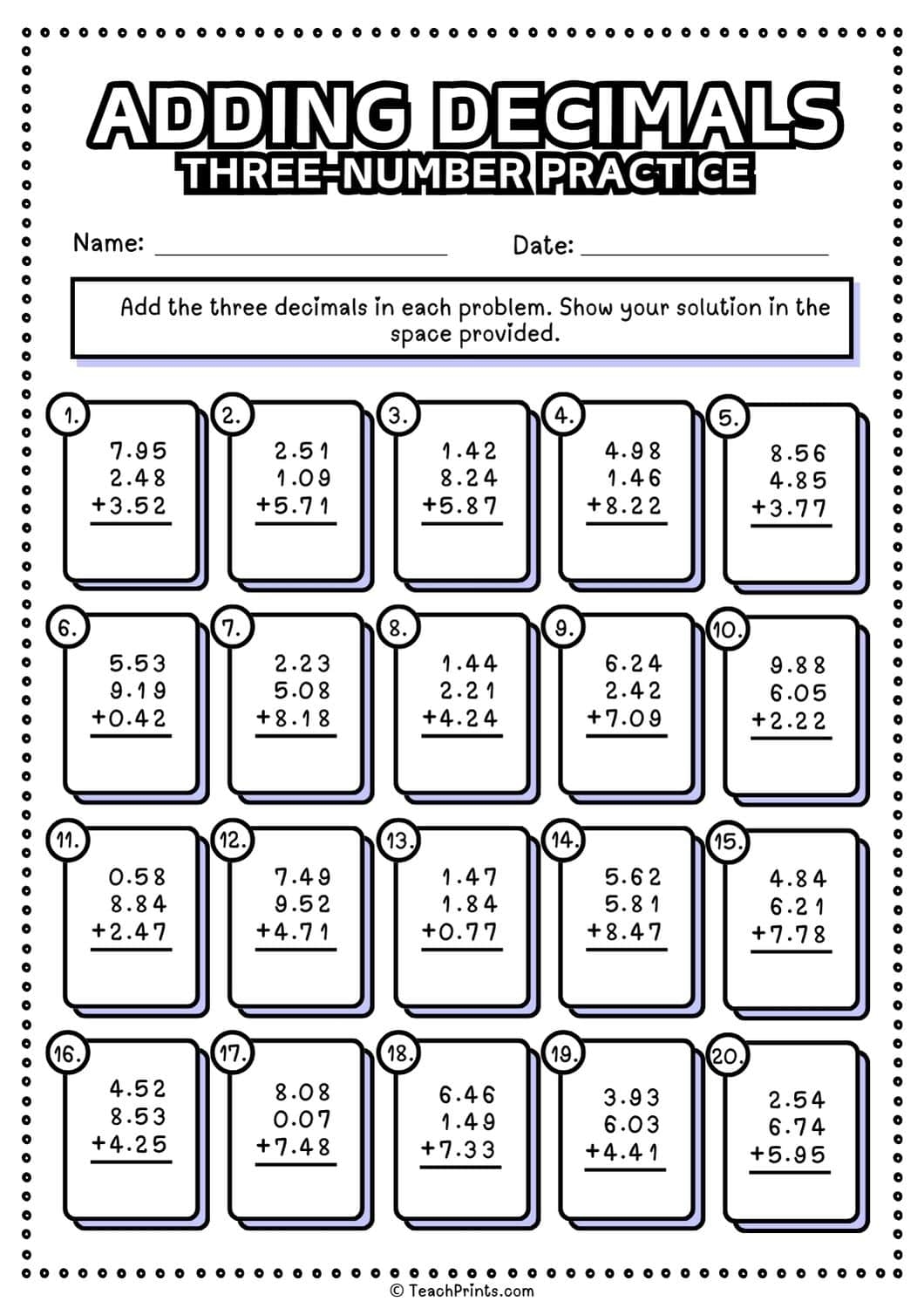 Free Adding Decimals Worksheets Teach Prints