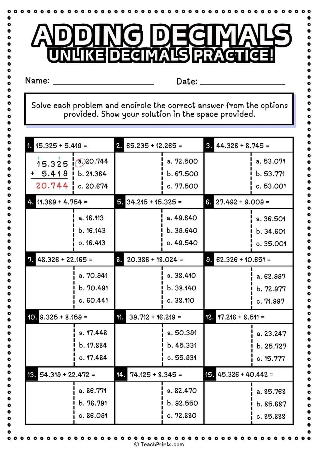 Free Adding Decimals Worksheets Teach Prints