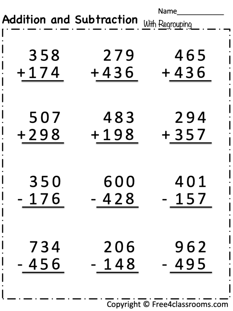 Free Addition And Subtraction Worksheet 3 Digit Numbers With Regrouping