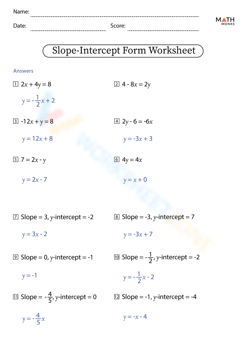 slope intercept form worksheet slope intercept form worksheet