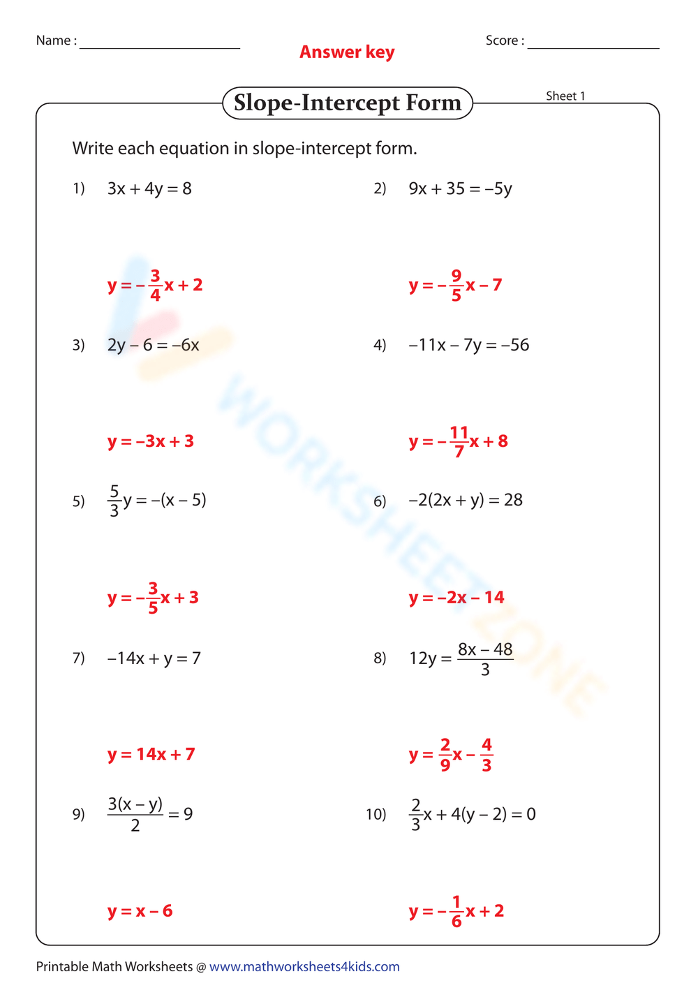 Free Answer Key Slope Intercept Form Worksheet Collection Free Answer Key Slope Intercept Form Worksheet Collection