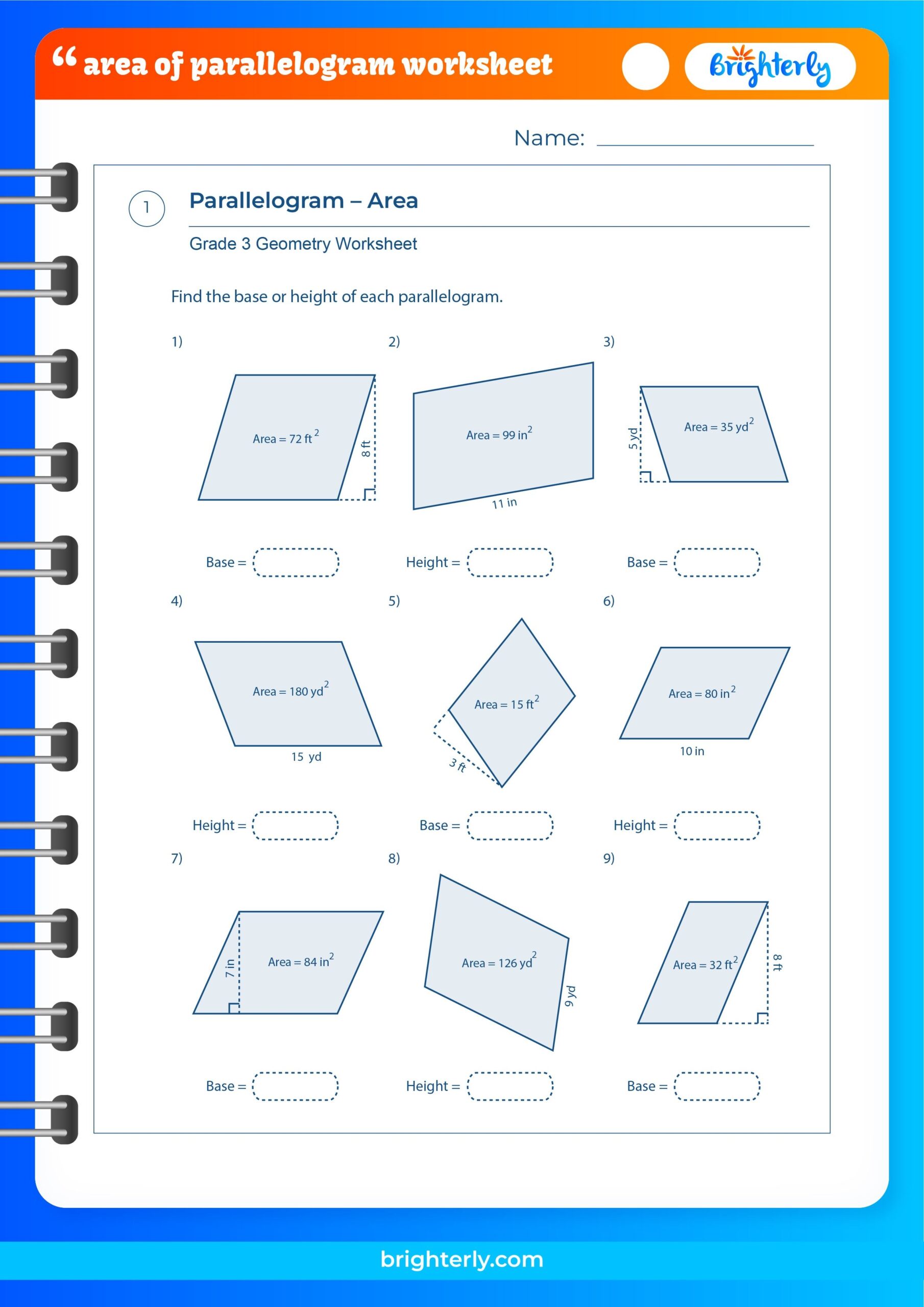Free Area Of Parallelogram Worksheets For Kids PDFs Brighterly