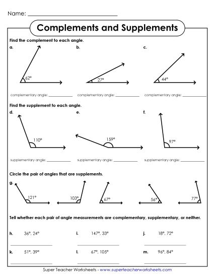 worksheet complementary and supplementary angles