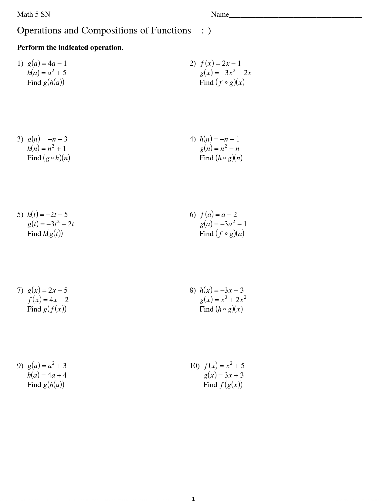composition of functions worksheet composition of functions worksheet