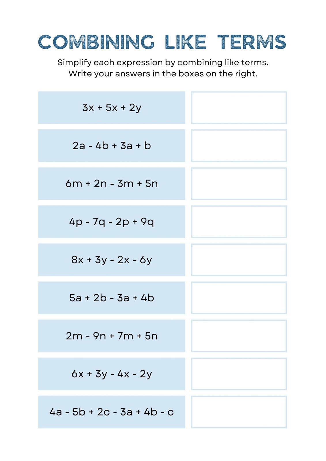 Free Custom Combining Like Terms Worksheet Templates Worksheets Library Free Custom Combining Like Terms Worksheet Templates Worksheets Library
