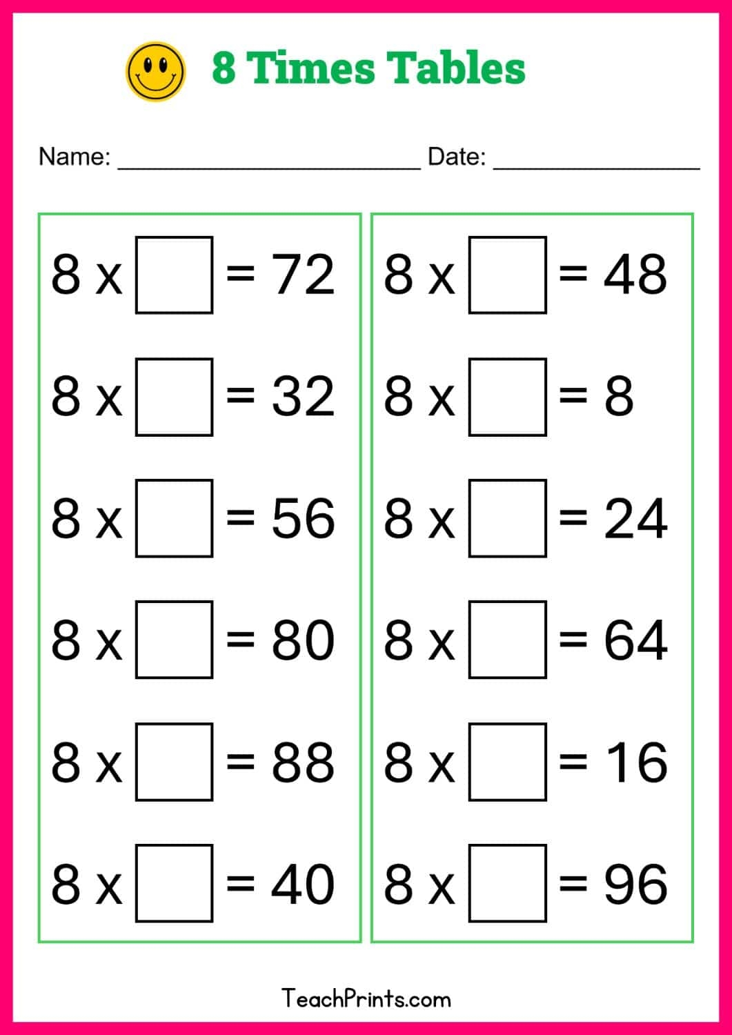 8 times table worksheet