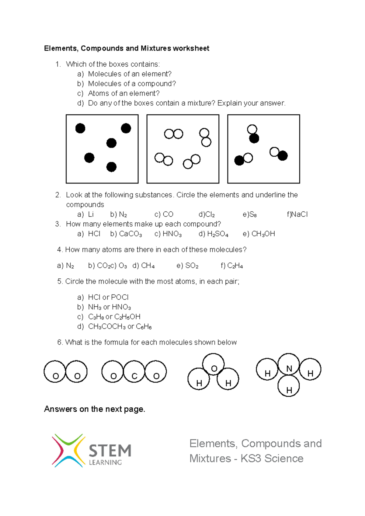 elements compounds and mixtures worksheet elements compounds and mixtures worksheet