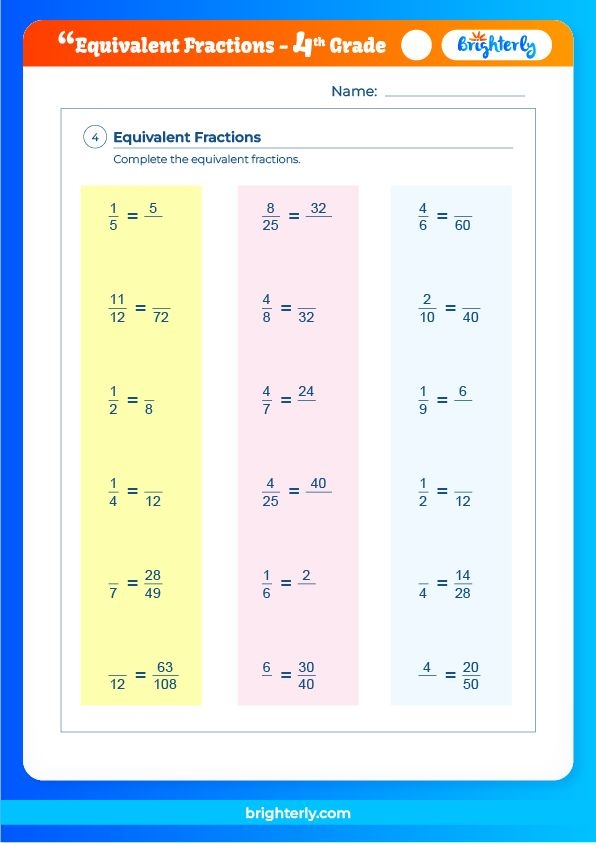 Free Equivalent Fractions Worksheet 4th Grade Math At Brighterly