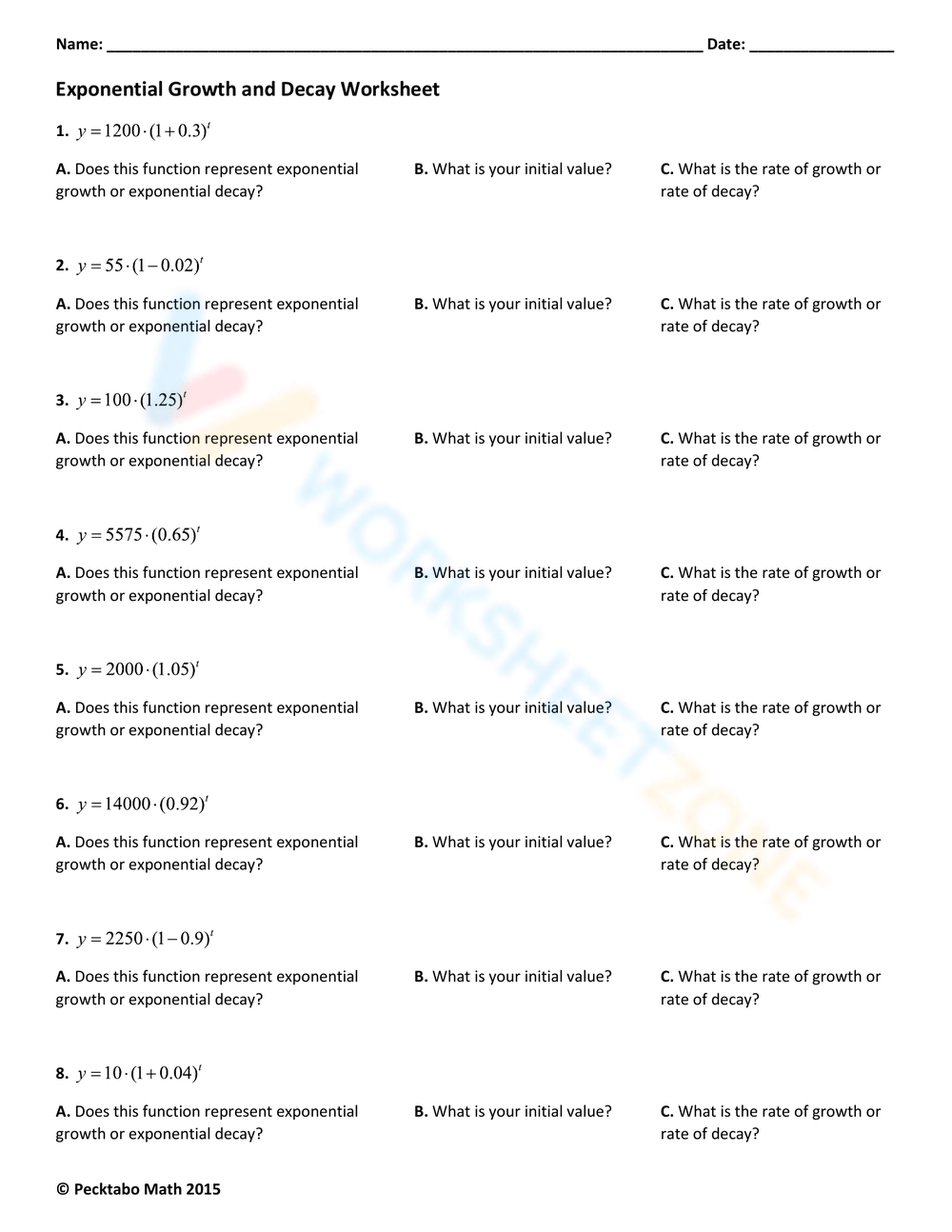 Free Exponential Growth And Decay Worksheets With Answer Key