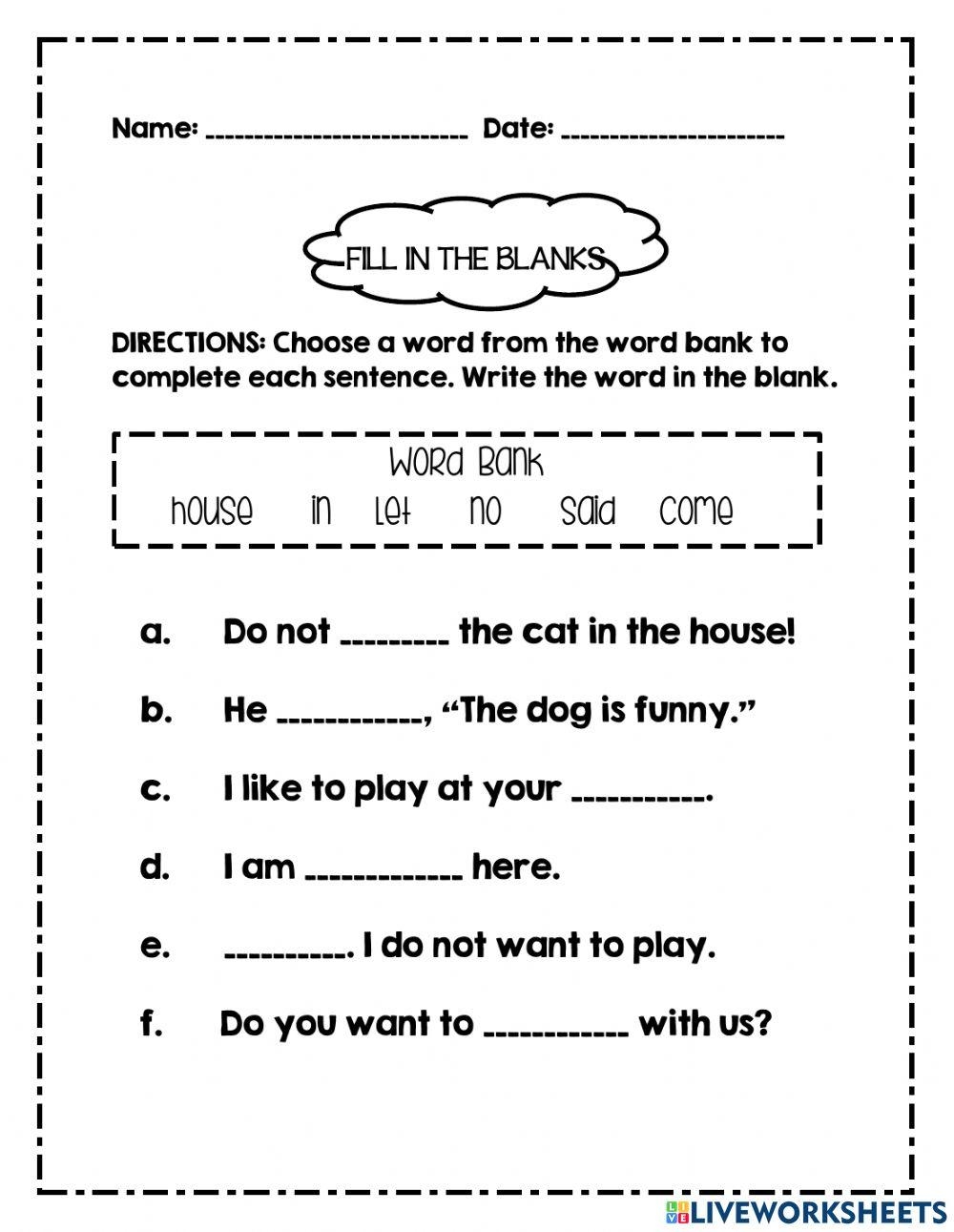 Free Fill In The Blank Worksheets Fill In The Blank Worksheet TPT