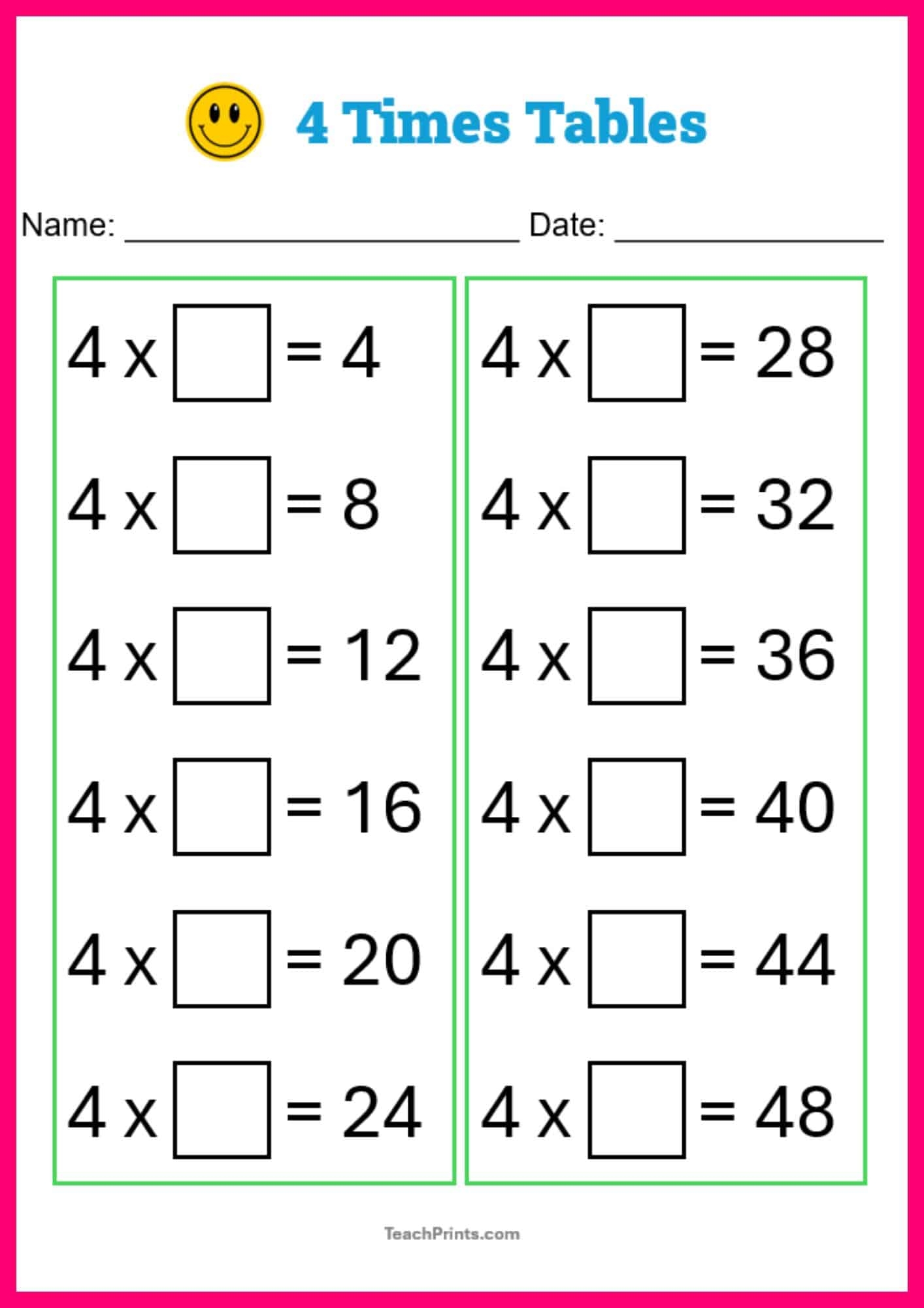Free Four Times Tables Worksheets 8 Versions Teach Prints