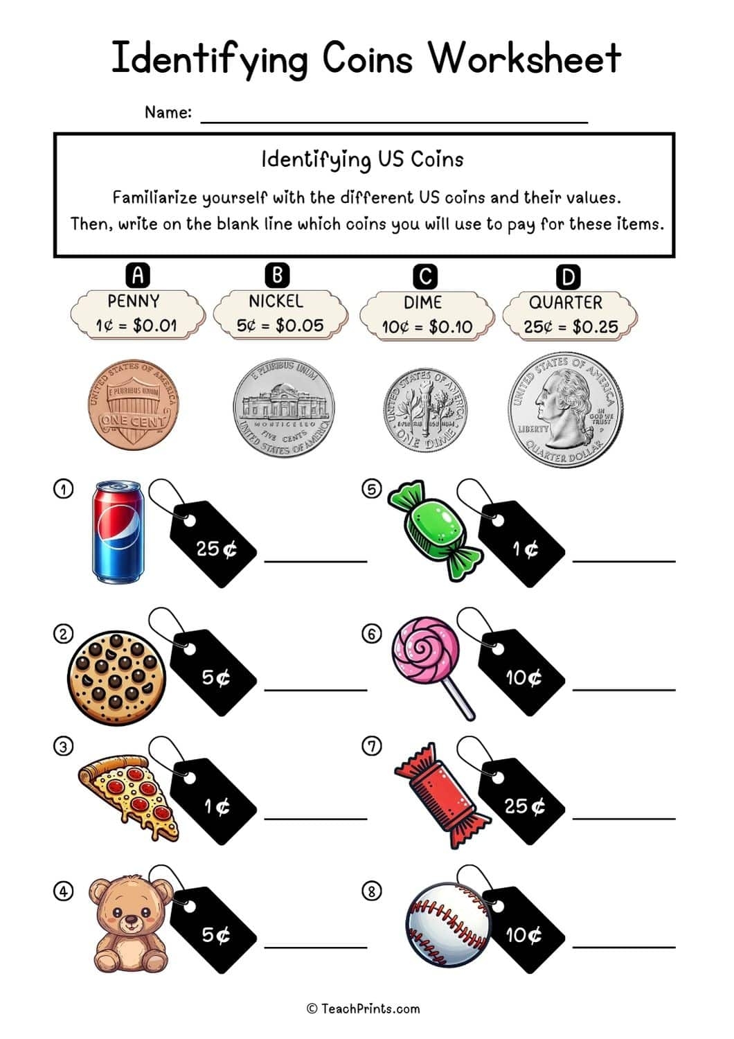Free Identifying Coins Worksheets Teach Prints