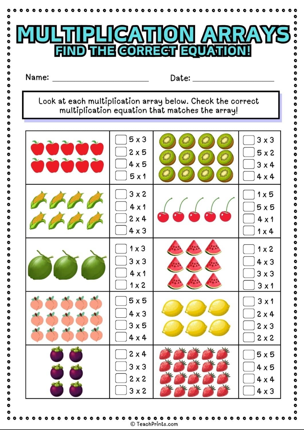 multiplication using arrays worksheets