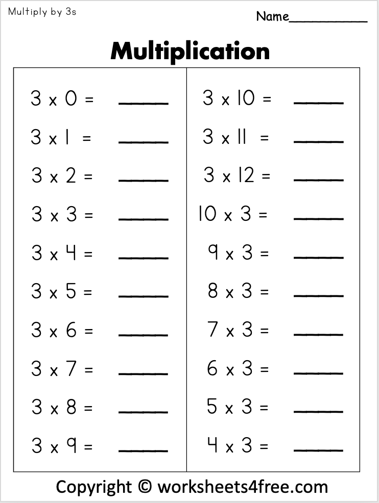 Free Multiplication Math Worksheet Multiply By 3 Worksheets4Free