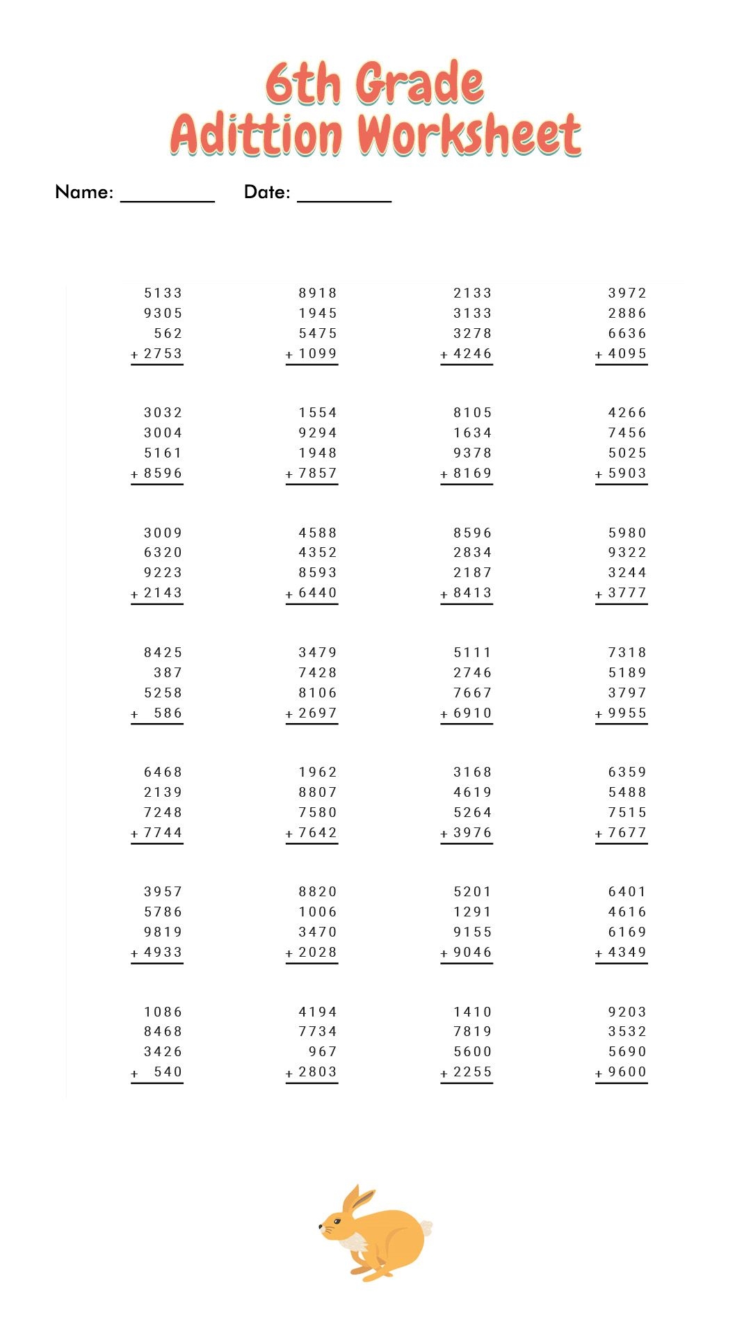 Free Printable 6th Grade Worksheets Addition
