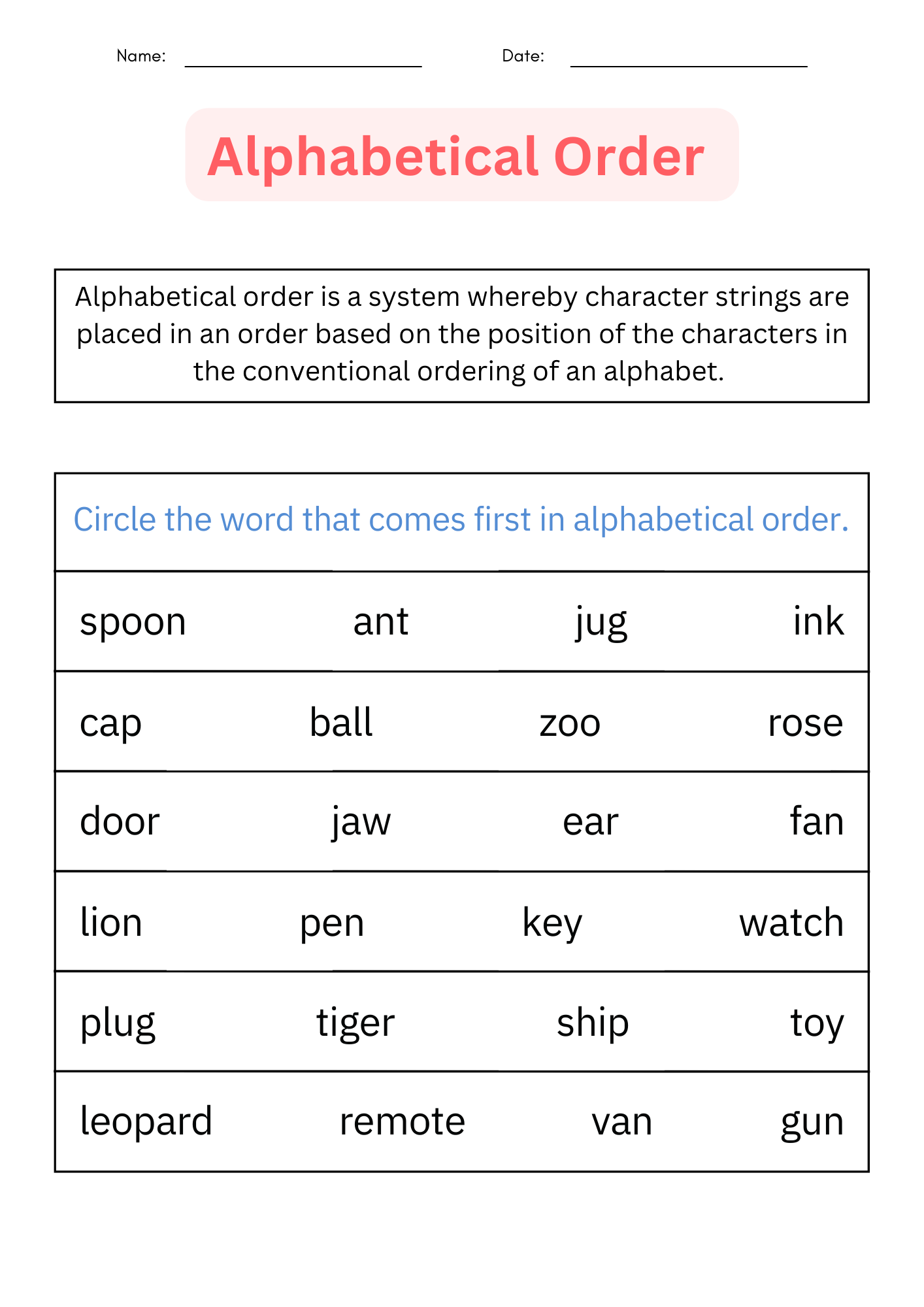 FREE Printable Alphabetical Order Worksheets Worksheets Library