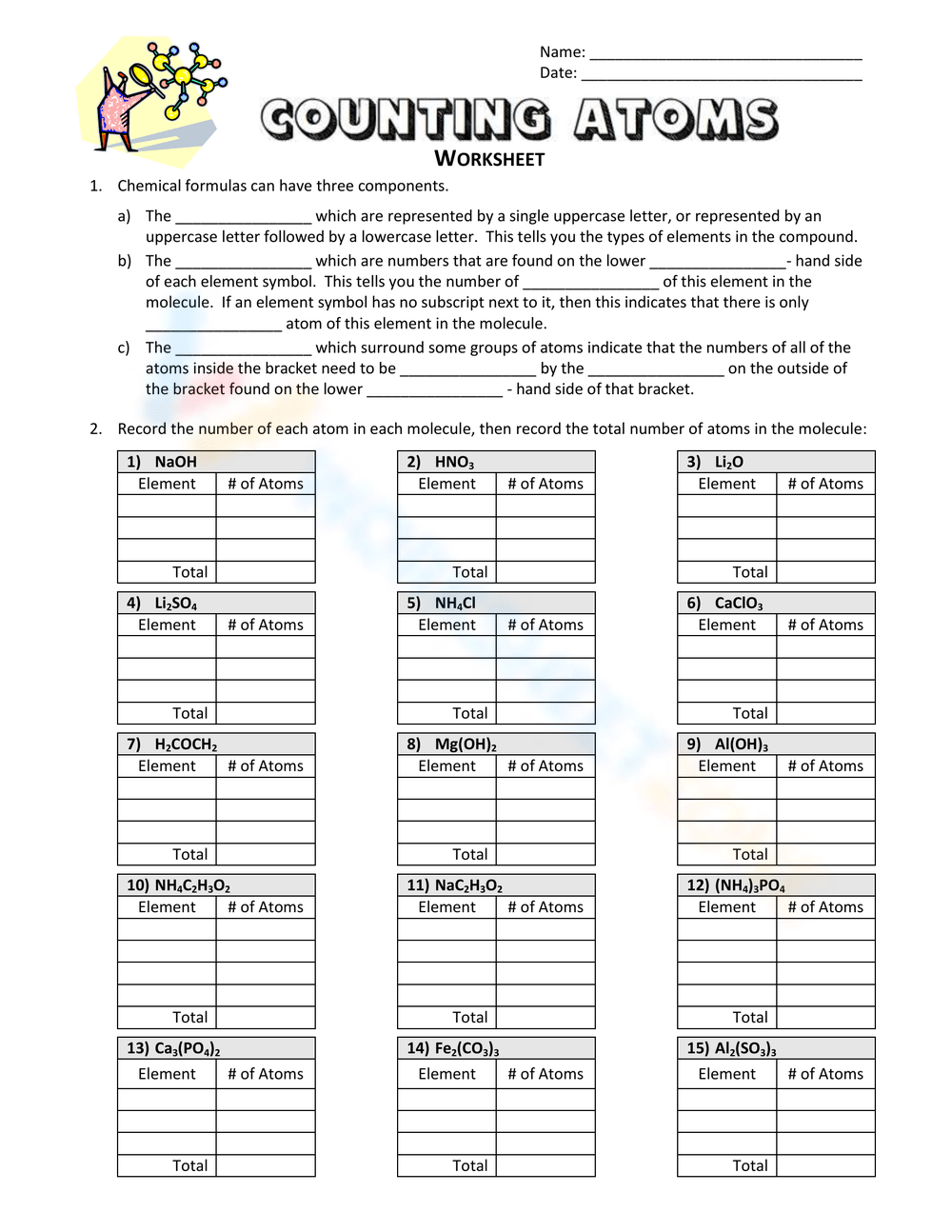 Free Printable Counting Atoms Worksheets For Students