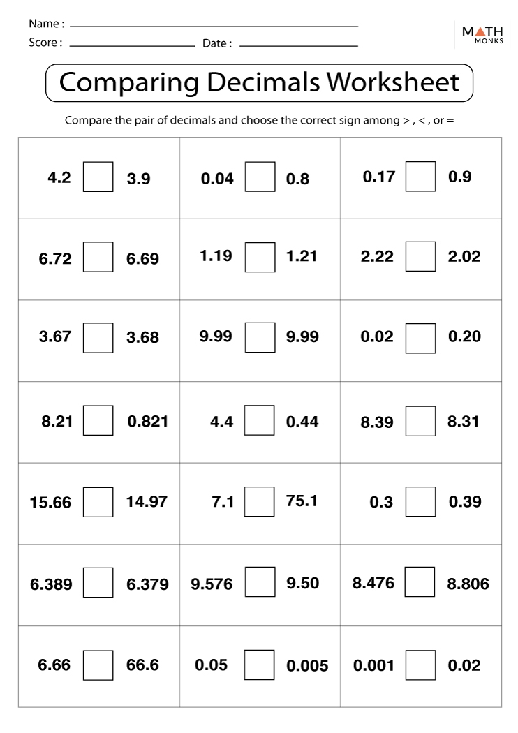 Free Printable Decimal Worksheets
