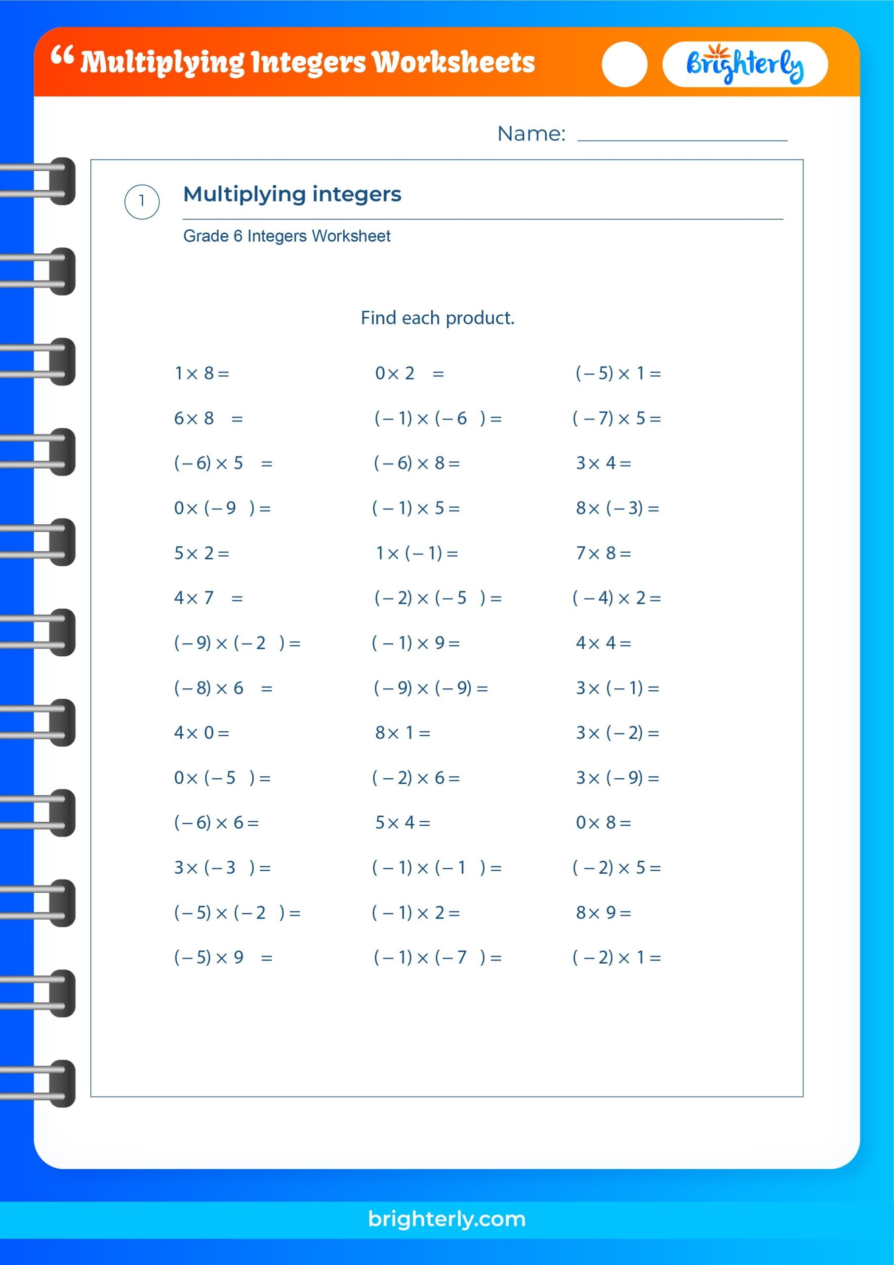 Free Printable Multiplying Integers Worksheets PDFs Brighterly