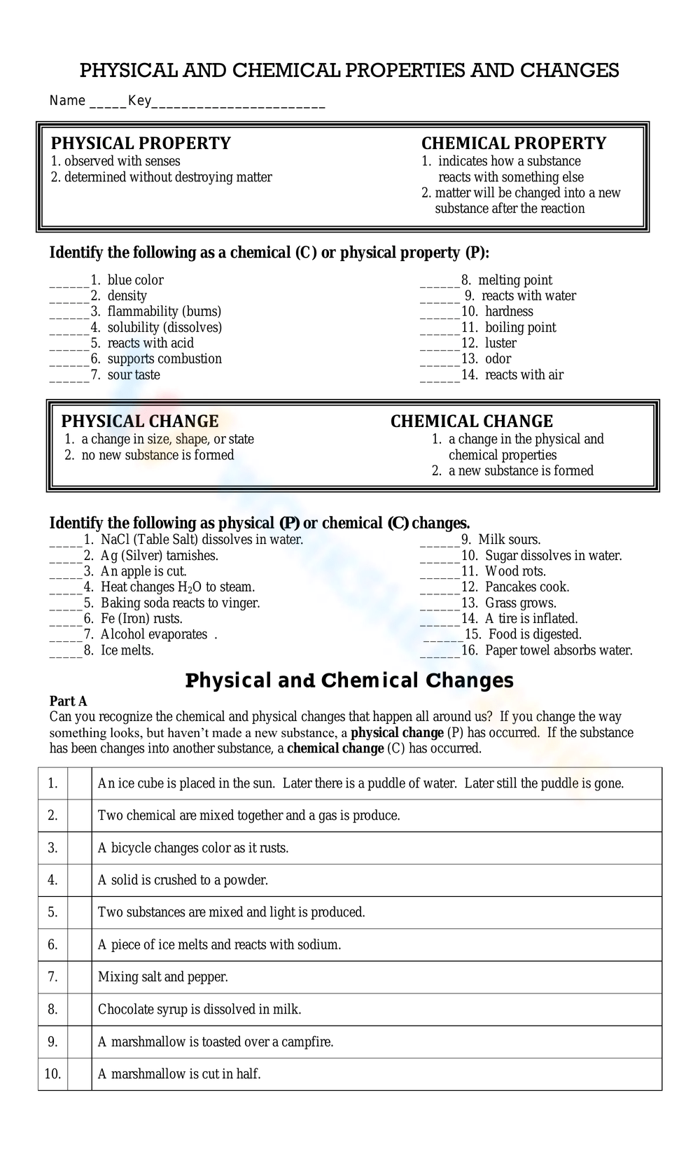 Free Printable Physical And Chemical Changes Worksheets