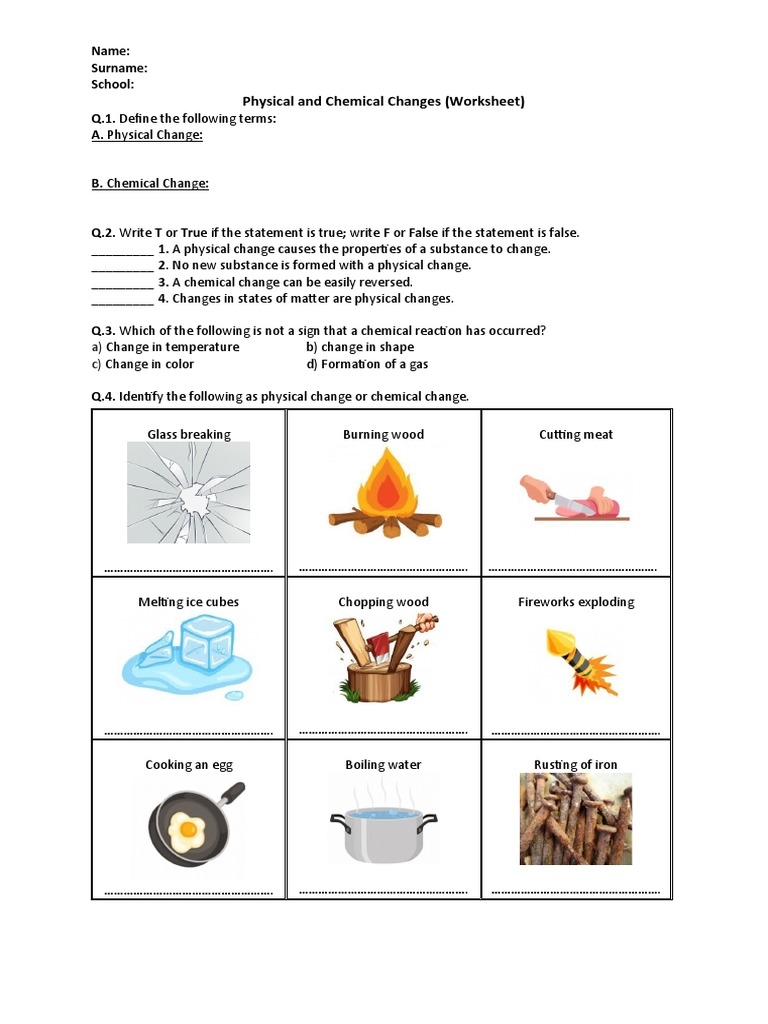 Free Printable Physical And Chemical Properties And Changes Worksheets 