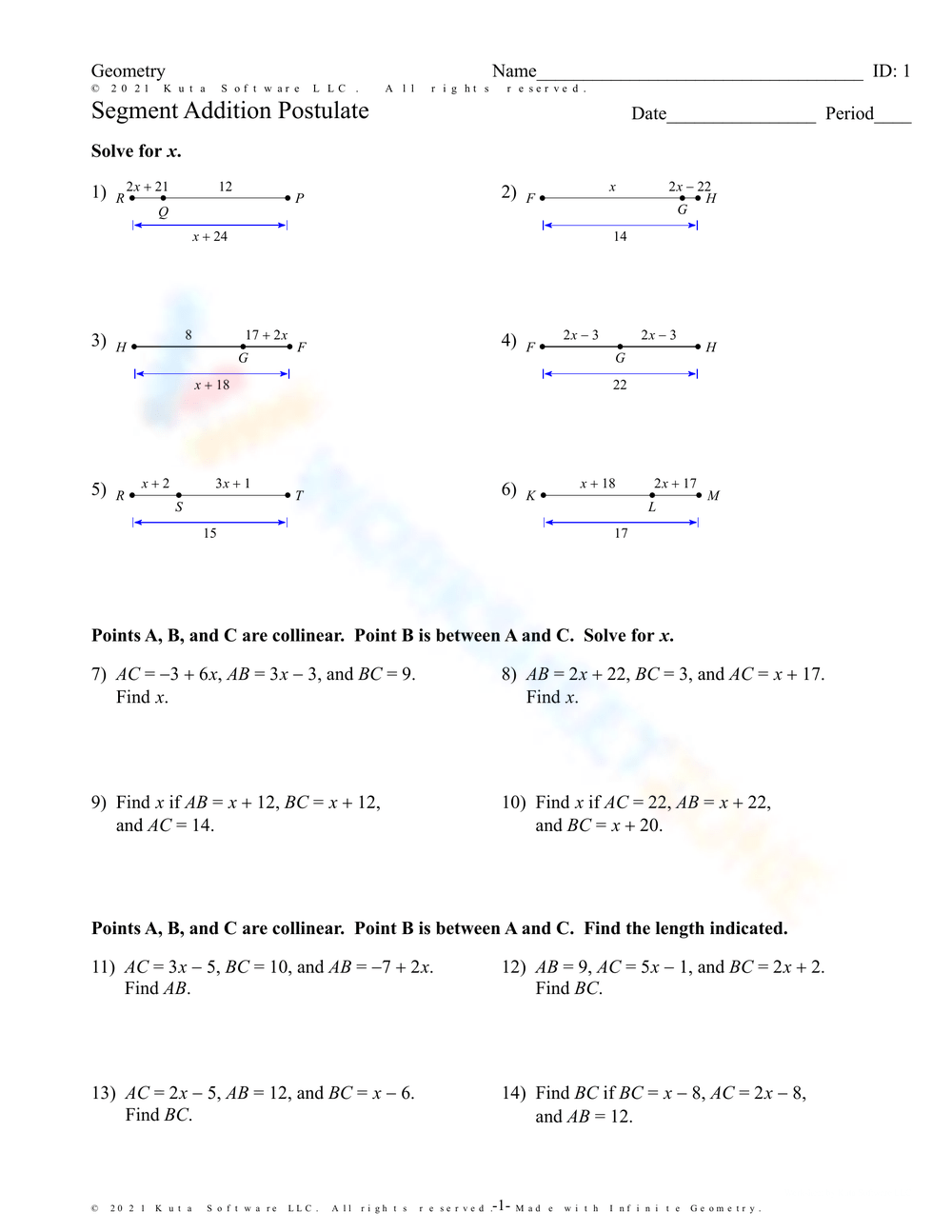 Free Printable Segment Addition Postulate Worksheets