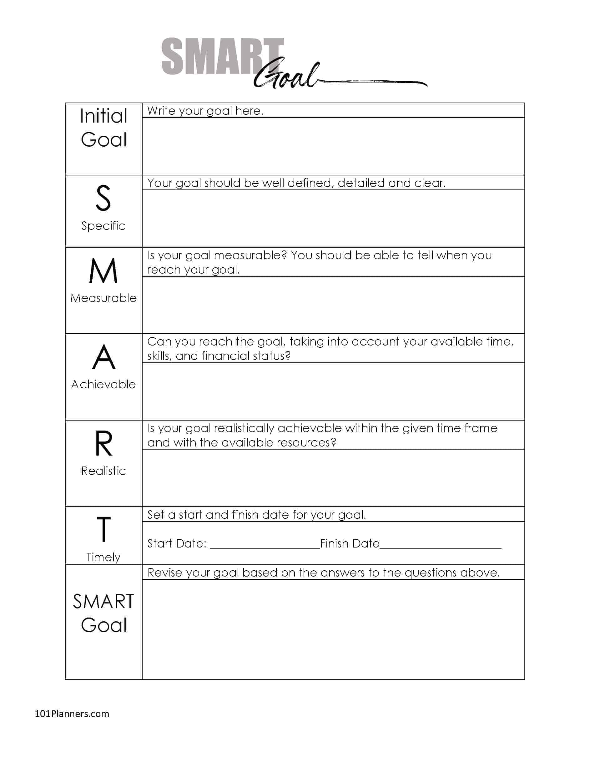 Free Printable Smart Goals Worksheet