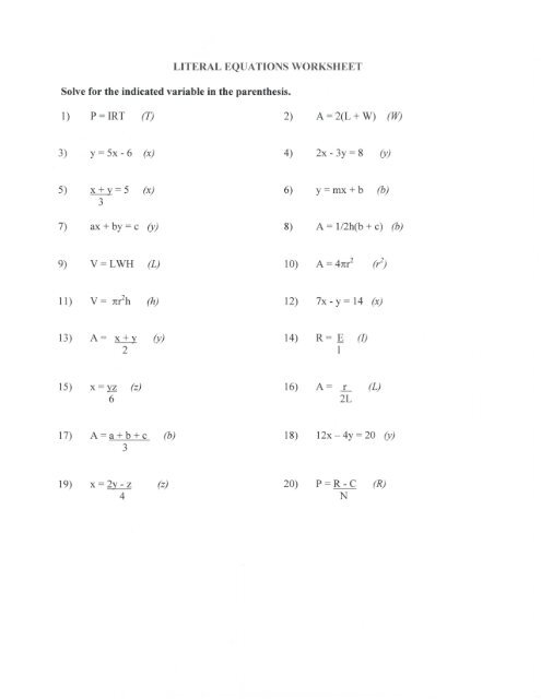literal equations worksheet literal equations worksheet