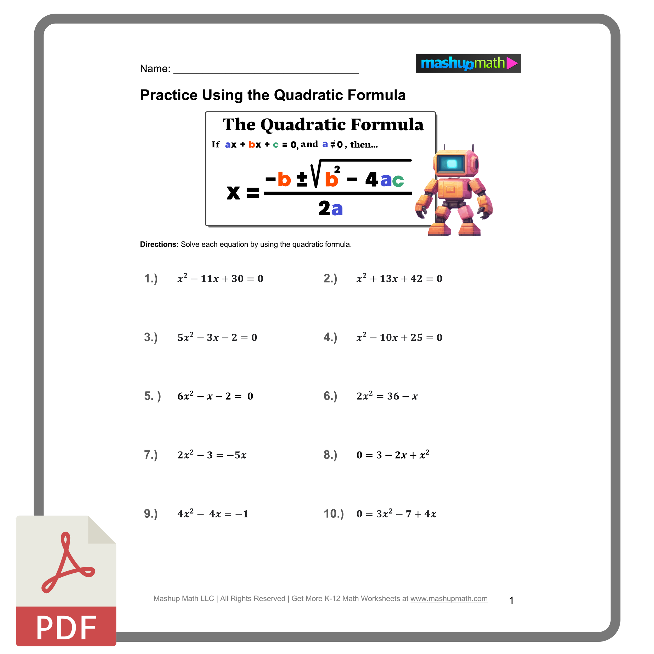 Free Quadratic Formula Worksheets Printable With Answers Mashup Math