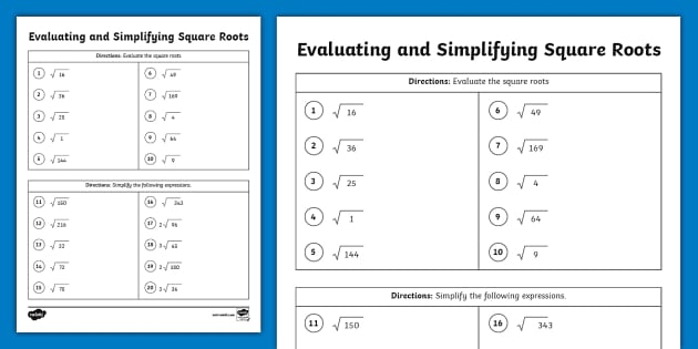 simplifying square roots worksheet