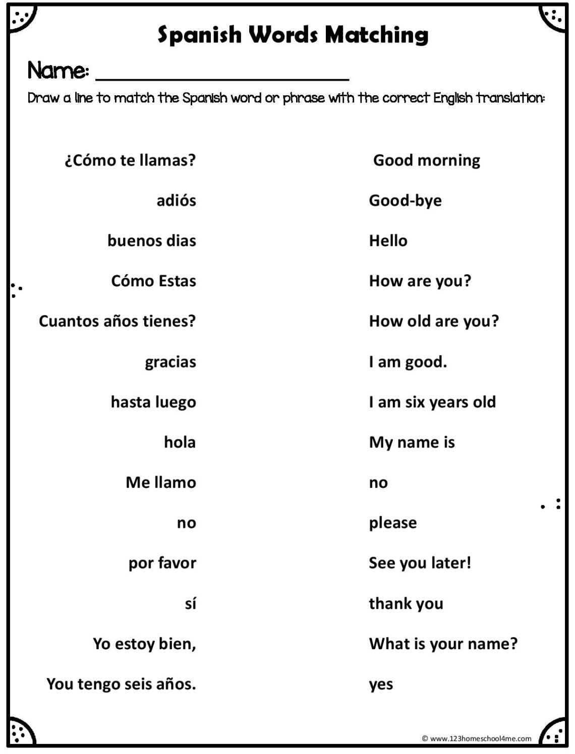Free Spanish Worksheets For Kids