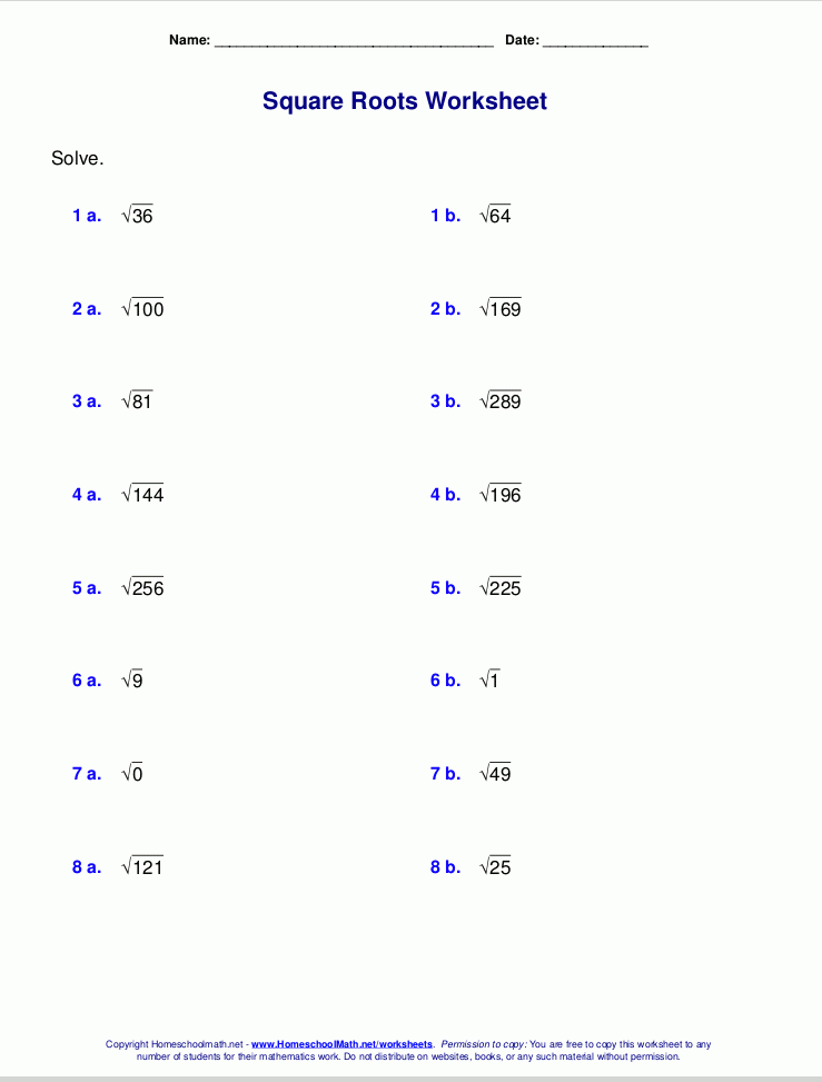 Free Square Root Worksheets PDF And Html 