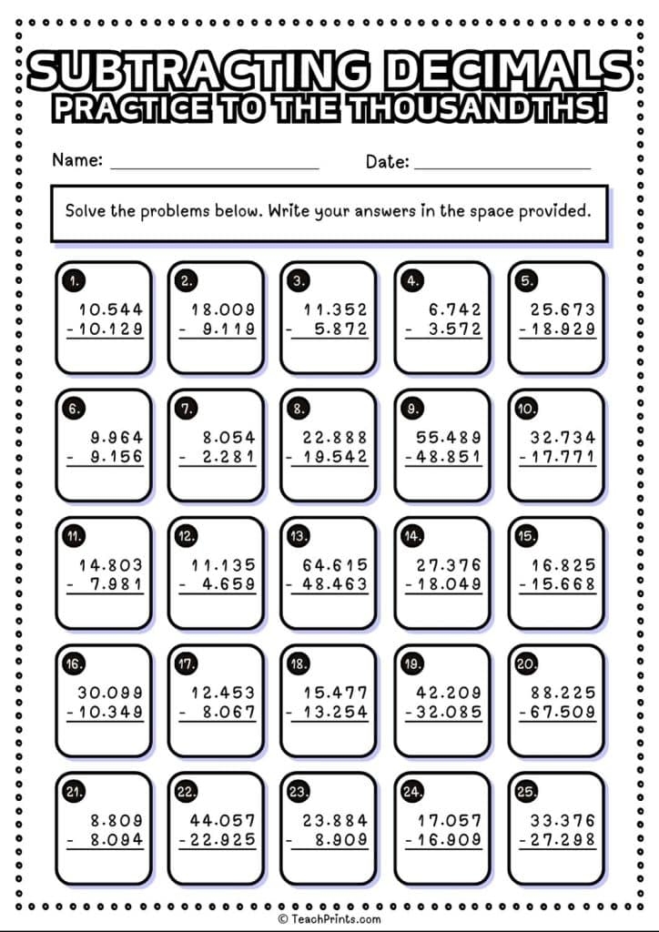 Free Subtracting Decimals Worksheets Teach Prints