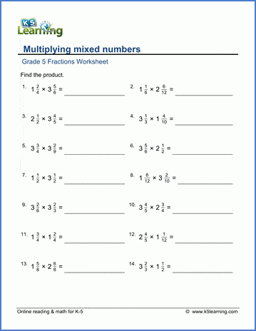 Grade 5 Fractions Worksheets Multiplying Mixed Numbers K5 Learning