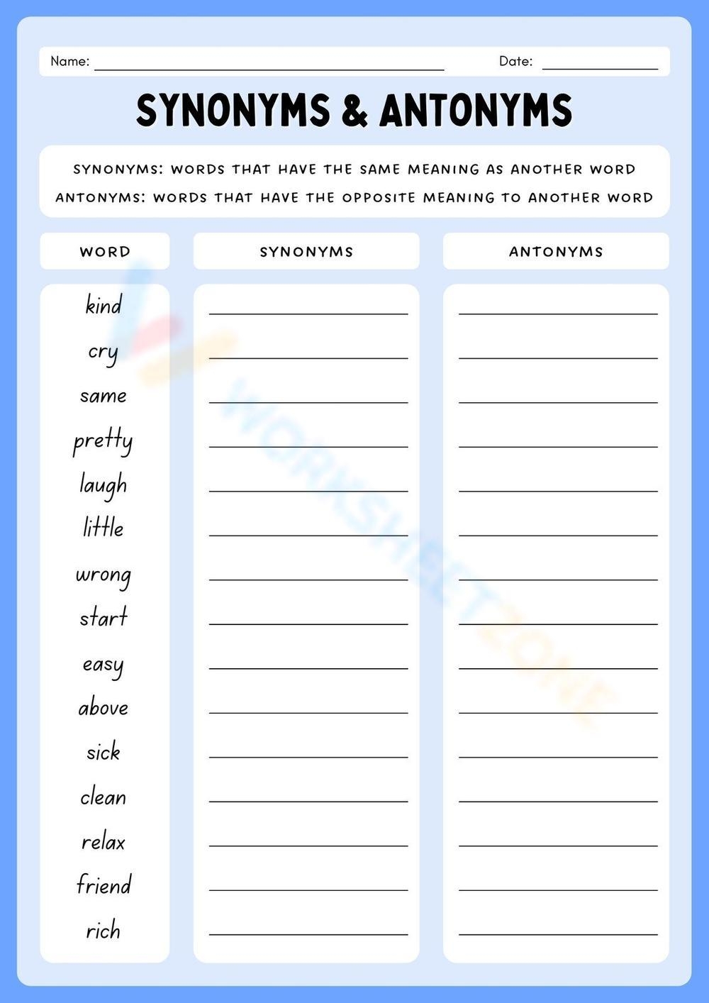 Grammar Synonym And Antonyms Worksheet
