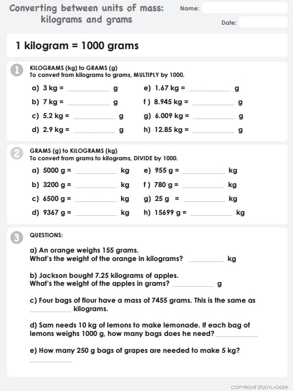 Grams To Kilograms Worksheet