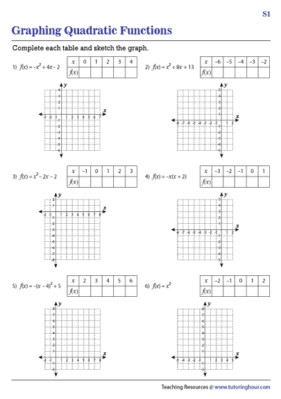 quadratic function graph worksheet