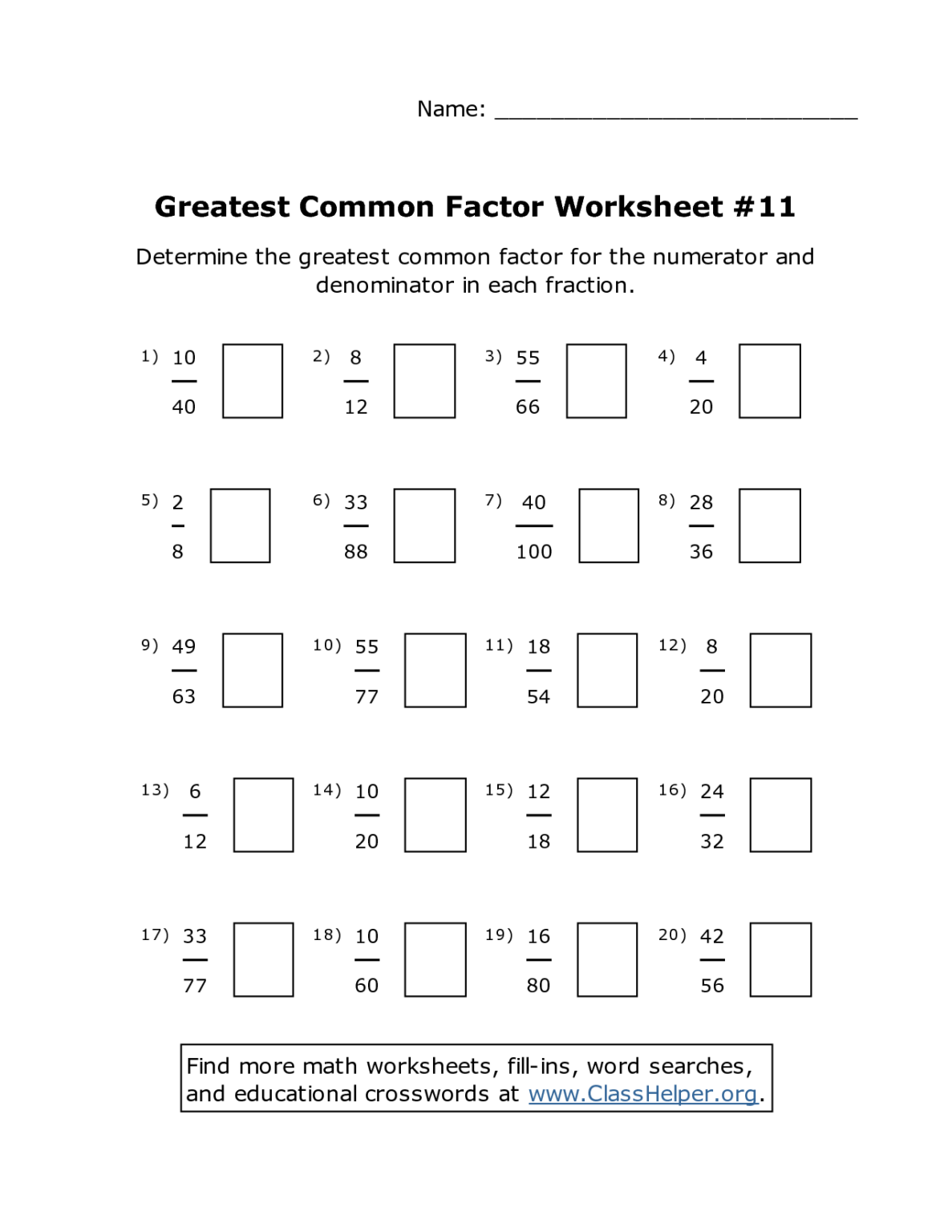 highest common factor worksheet