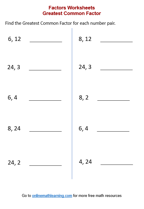 greatest common factor worksheet